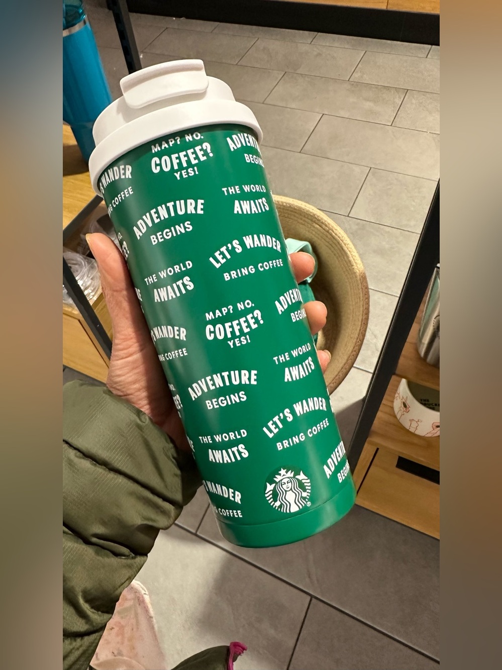 Starbucks Green and White Adventure Print Travel Tumbler